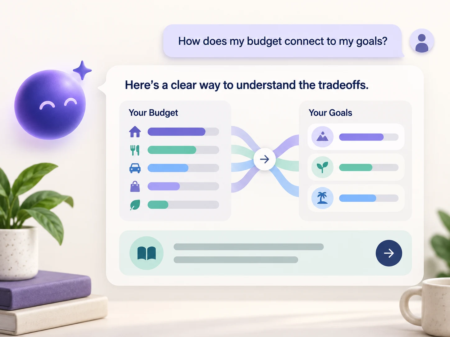 An AI financial assistant connecting a budget question to goals and educational tradeoff guidance