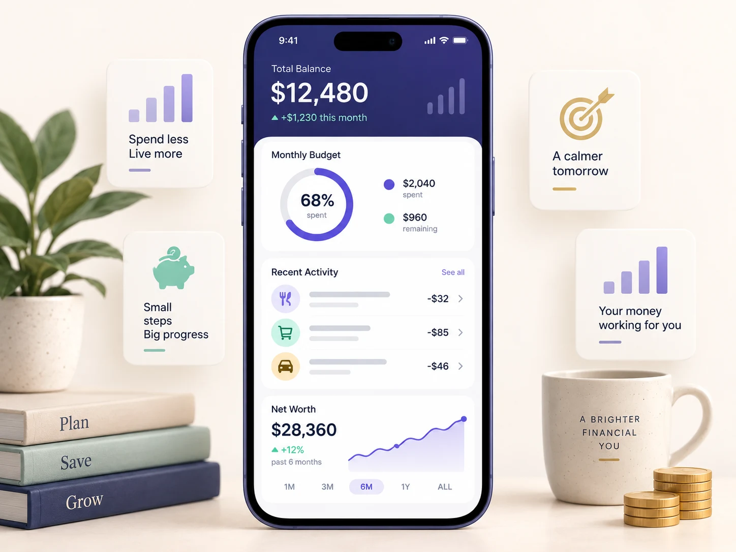 A smartphone displaying a money dashboard with balance, budget, transactions, and net-worth progress