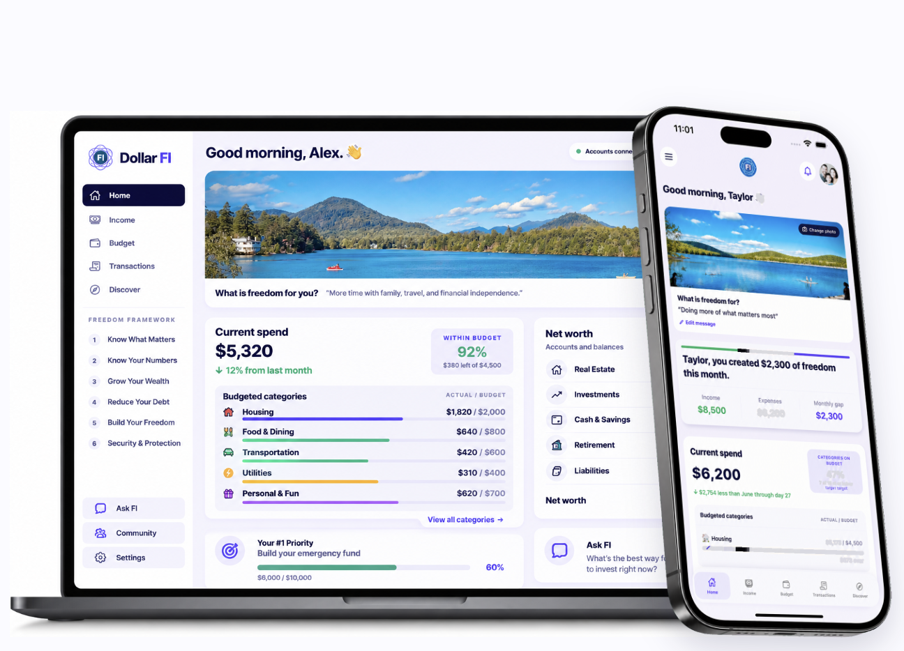 Dollar FI desktop and mobile product preview showing a connected financial overview, current spending, net worth, Freedom Framework, and Ask FI